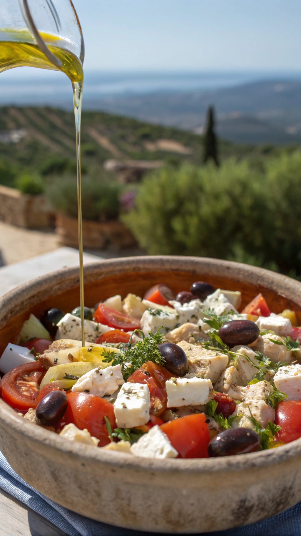 A bowl of Mediterranean chicken with olives and feta, drizzled with olive oil, set against a beautiful outdoor backdrop.