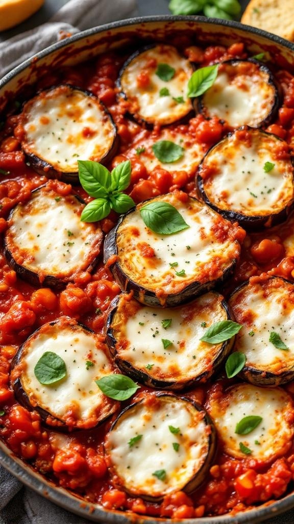 A dish of Mediterranean Eggplant Parmesan with layers of eggplant, tomato sauce, and melted cheese, garnished with fresh basil leaves.