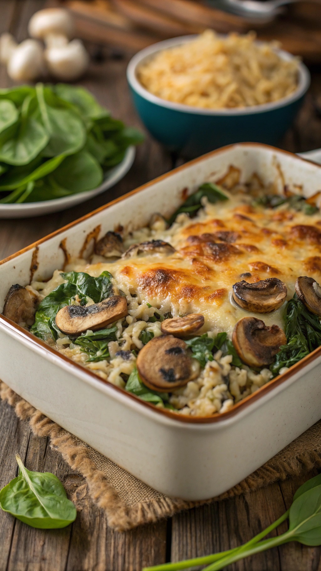 A delicious mushroom and spinach rice bake in a white dish, topped with melted cheese.