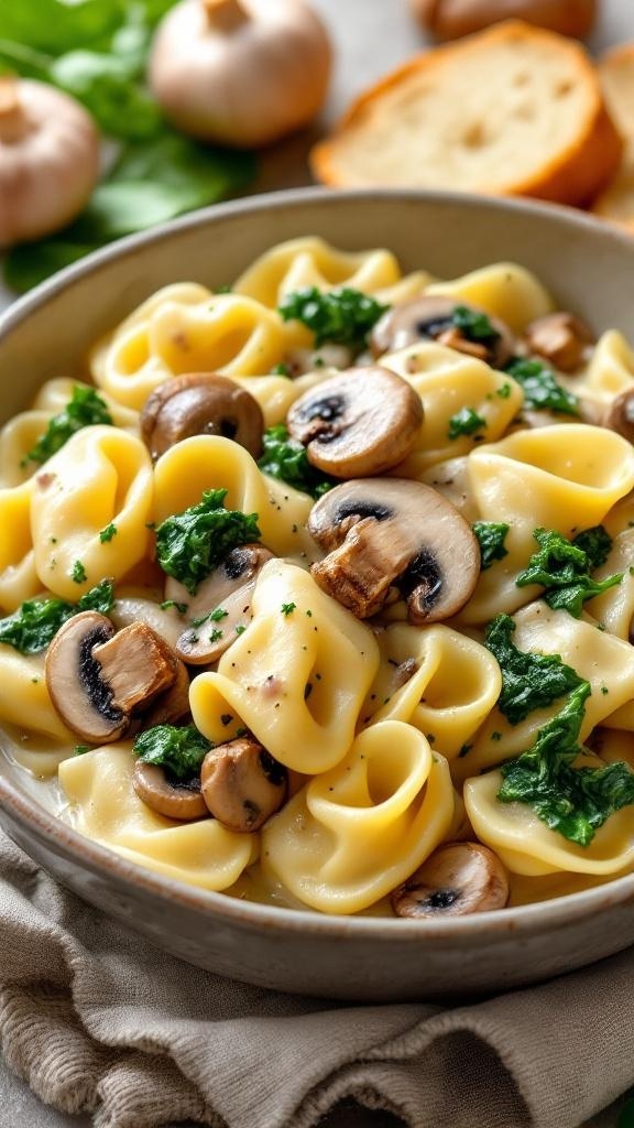 A bowl of savory mushroom and spinach tortellini with fresh ingredients.