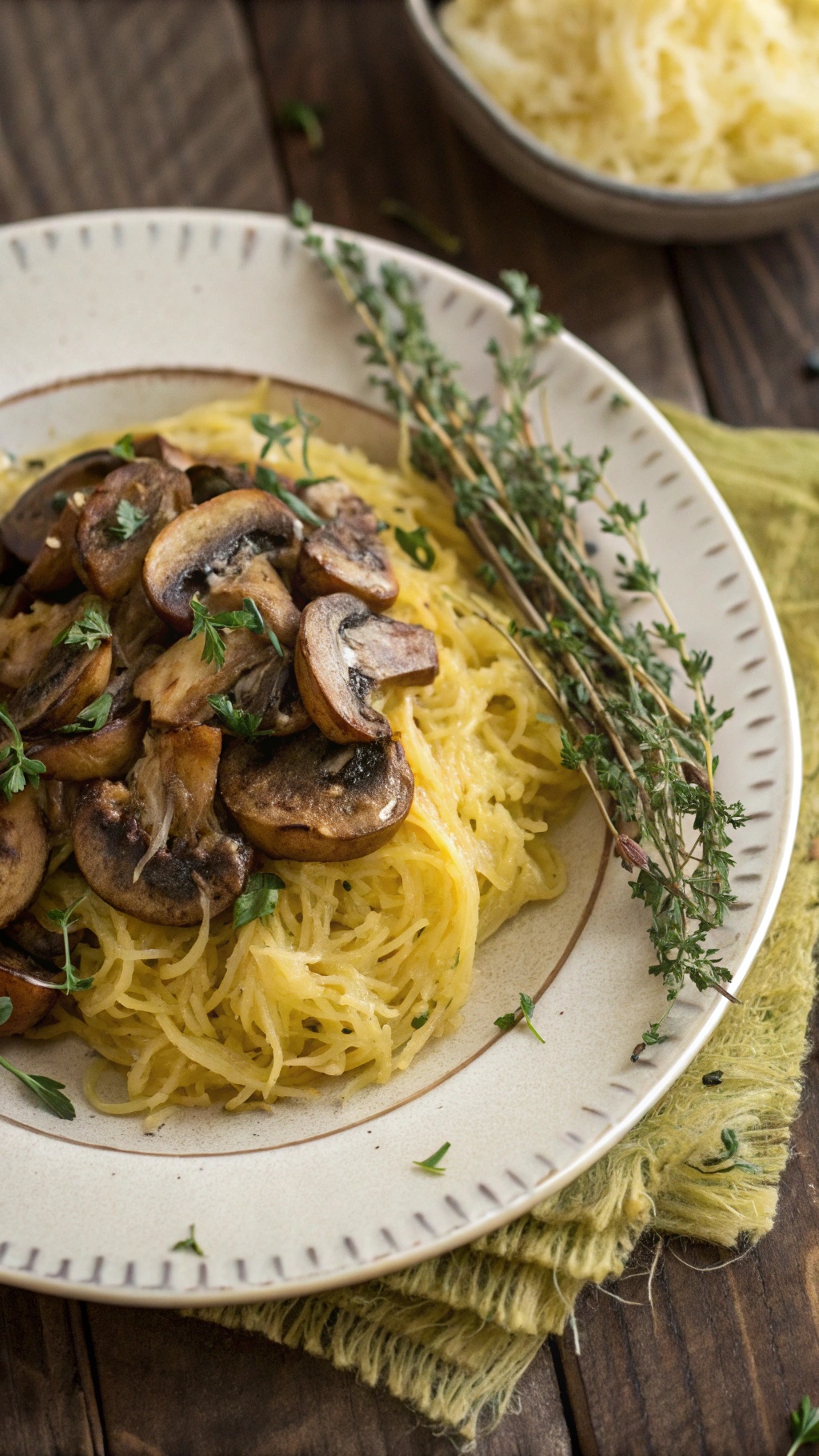 A plate of spaghetti squash topped with sautéed mushrooms and fresh thyme.