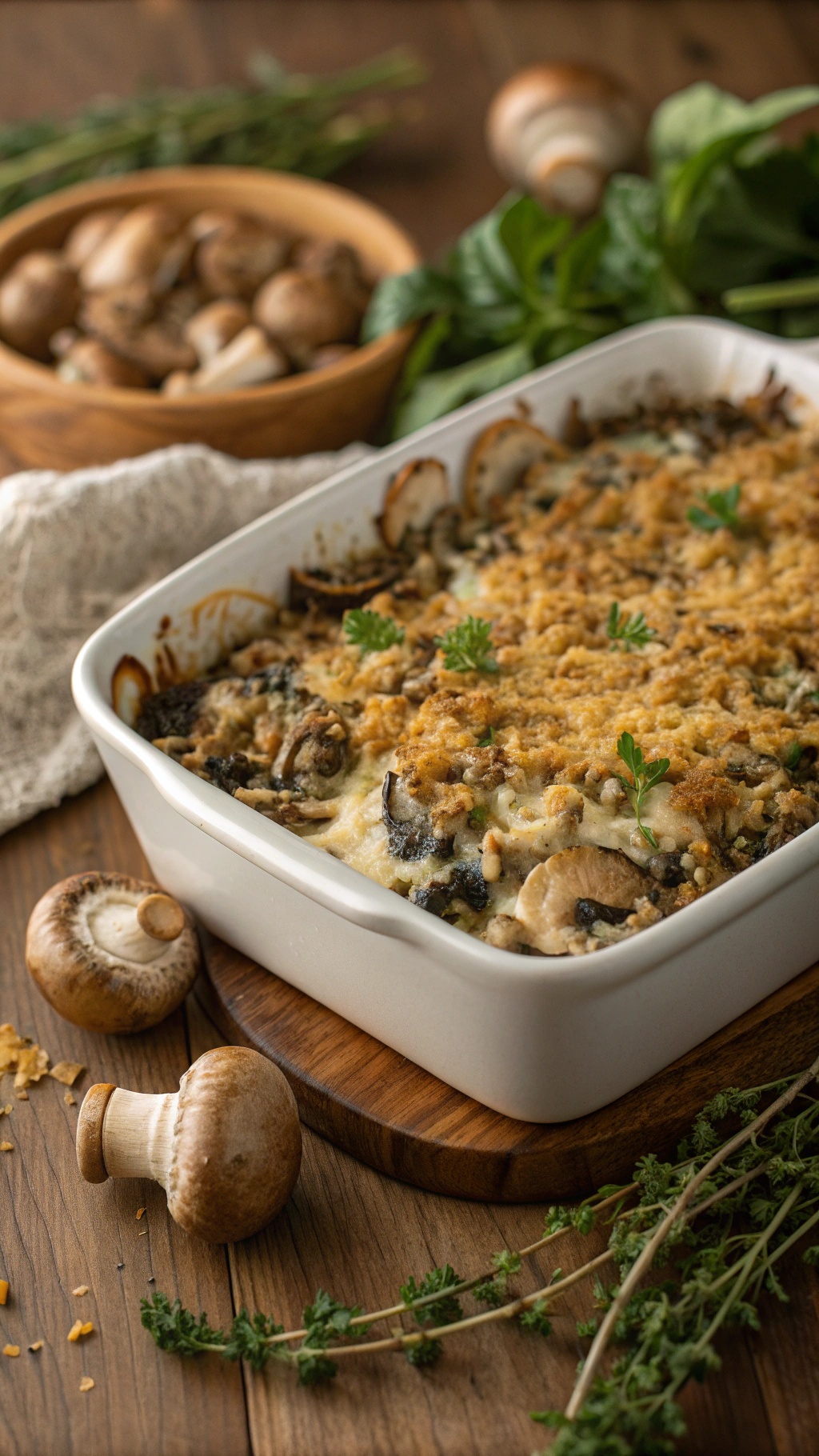 A savory mushroom and wild rice casserole topped with breadcrumbs and fresh herbs, surrounded by mushrooms and greens.