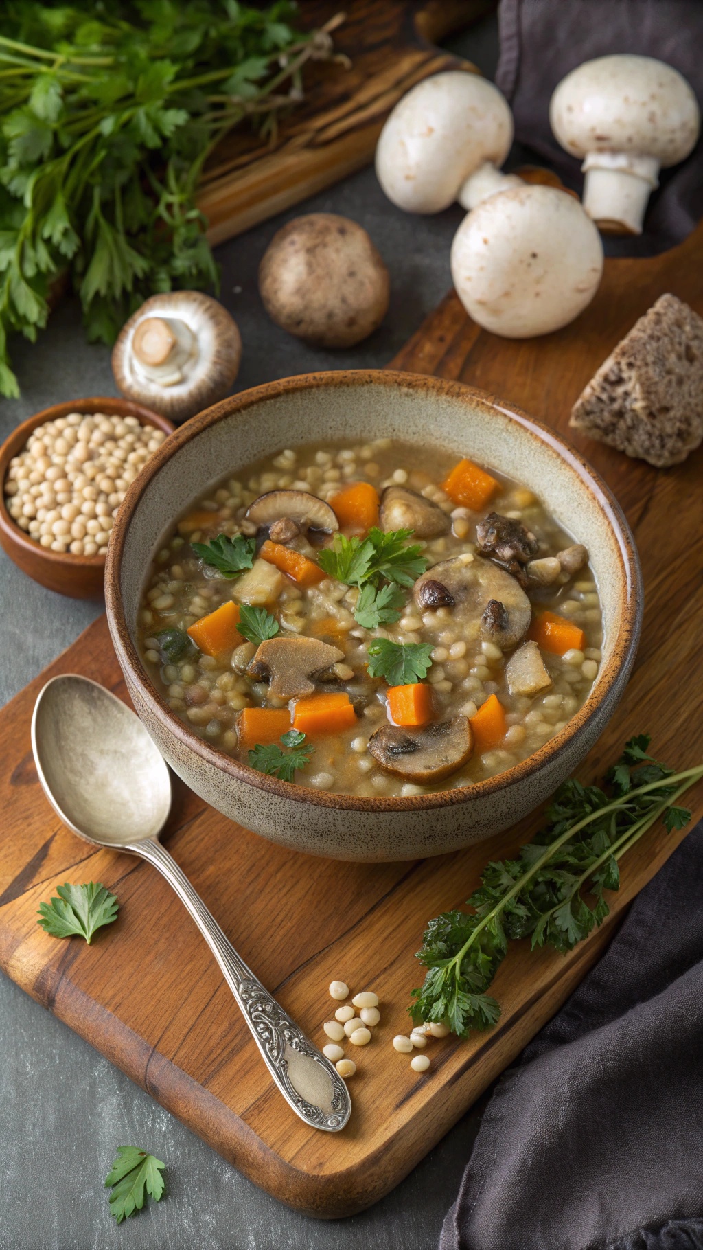 A bowl of savory mushroom barley soup with fresh parsley, surrounded by mushrooms and barley on a wooden table.