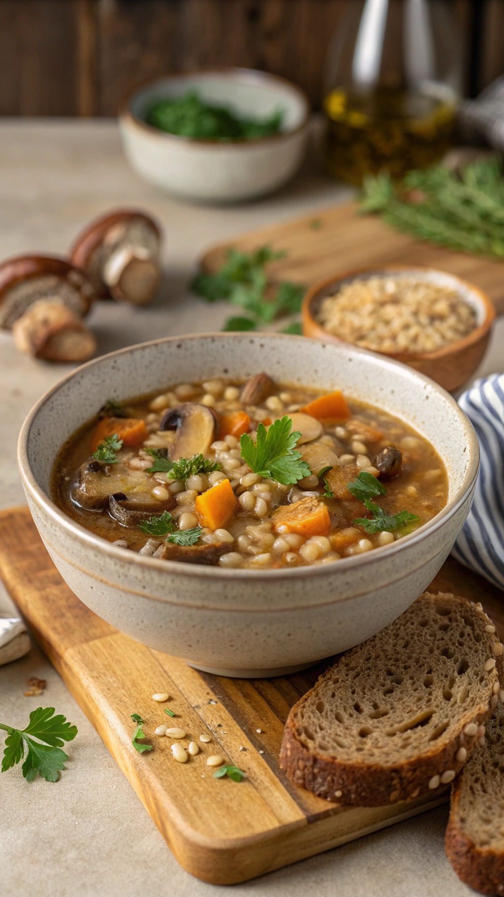 A bowl of savory mushroom barley soup with fresh ingredients and a slice of bread on the side.