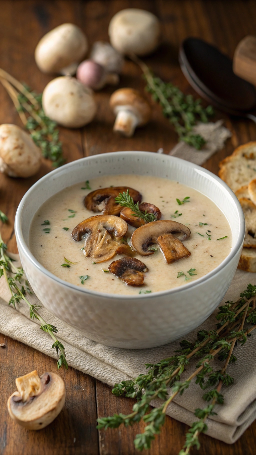 A bowl of creamy mushroom soup garnished with fresh herbs, surrounded by mushrooms and herbs on a wooden table.