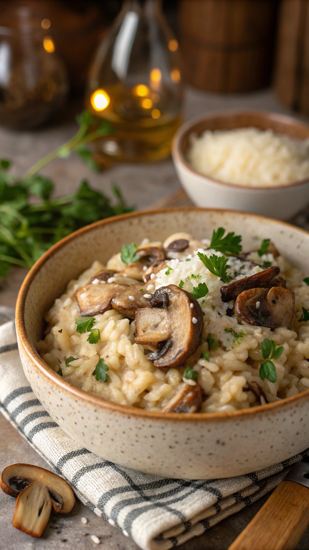 A bowl of creamy mushroom risotto topped with sautéed mushrooms and fresh herbs.