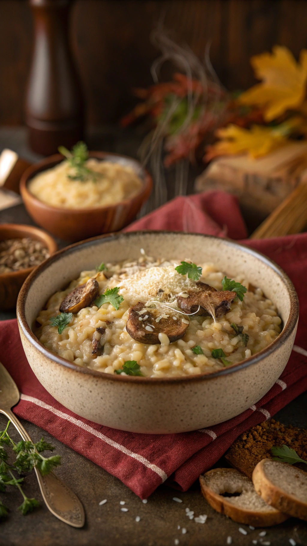 A bowl of savory mushroom risotto topped with mushrooms and Parmesan cheese, surrounded by herbs and bread.