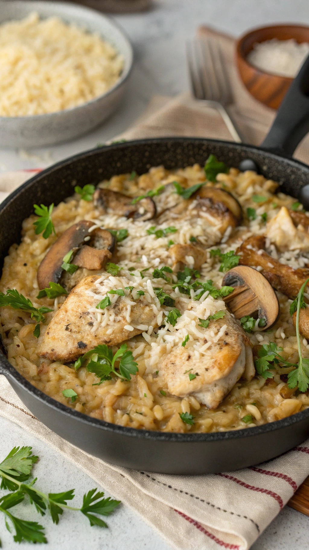 A delicious one-pan chicken and mushroom risotto garnished with parsley and Parmesan cheese.
