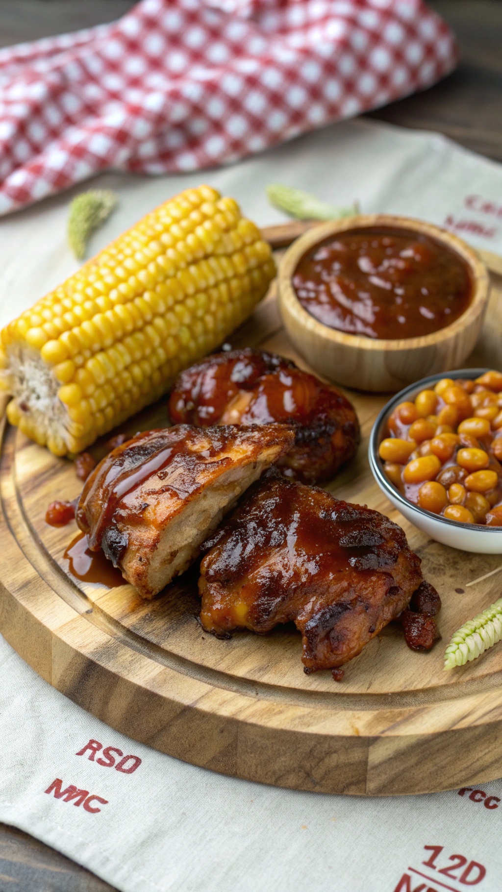 A delicious plate of BBQ chicken with corn on the cob and baked beans on a wooden platter.