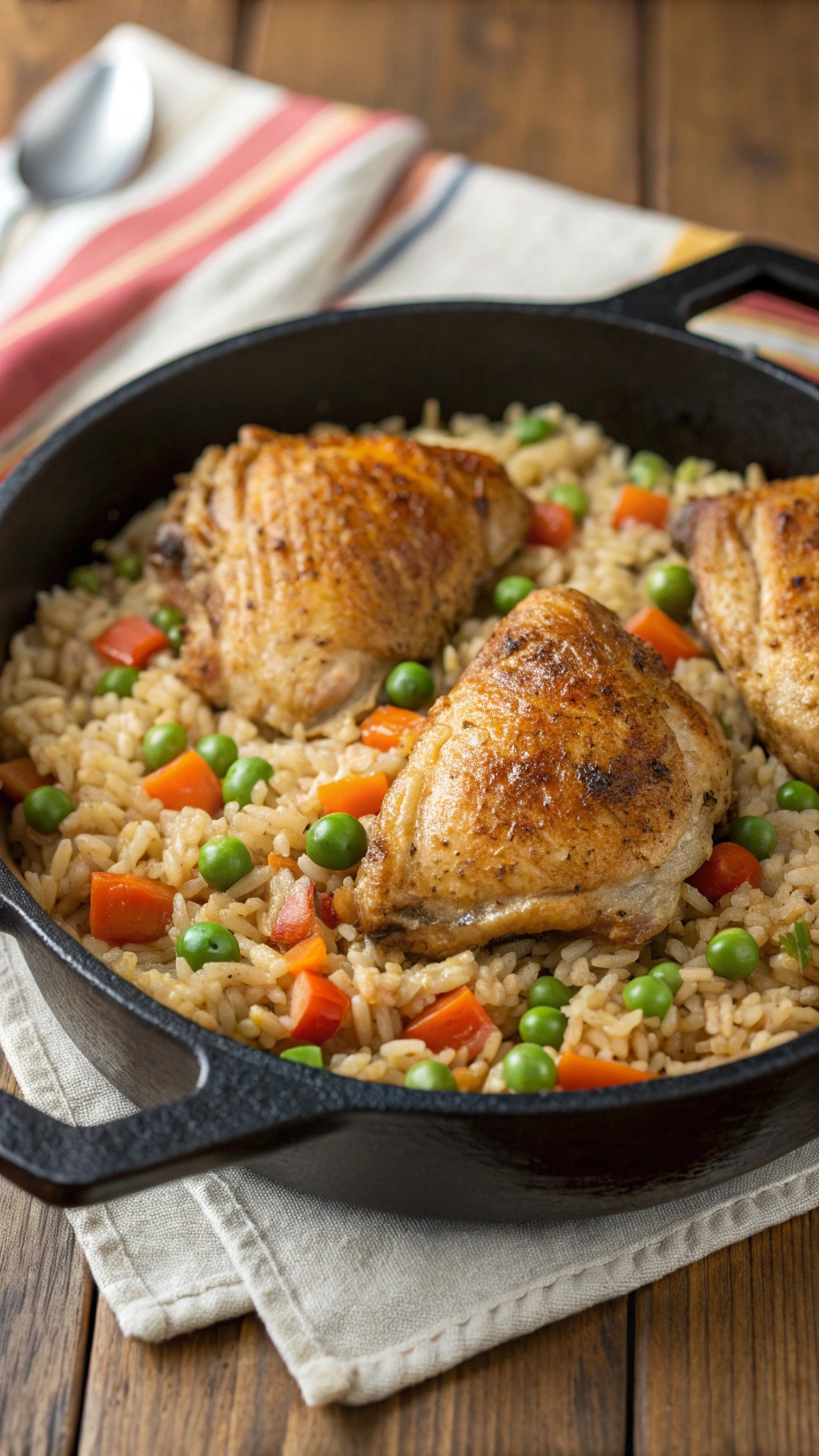 A delicious one-pot chicken and rice dish with colorful vegetables.