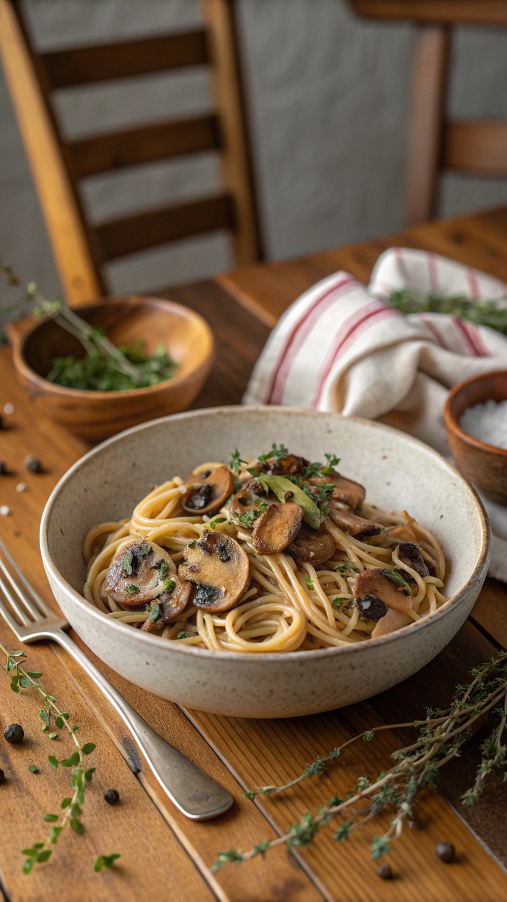 A bowl of one-pot mushroom and thyme spaghetti with fresh thyme garnish.
