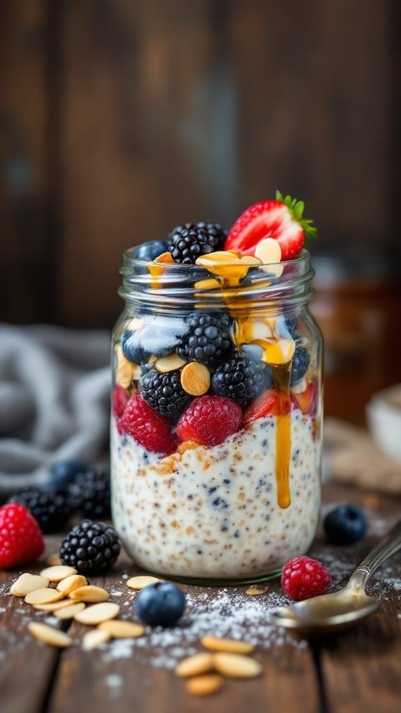 A jar of savory overnight oats topped with almonds and mixed berries.