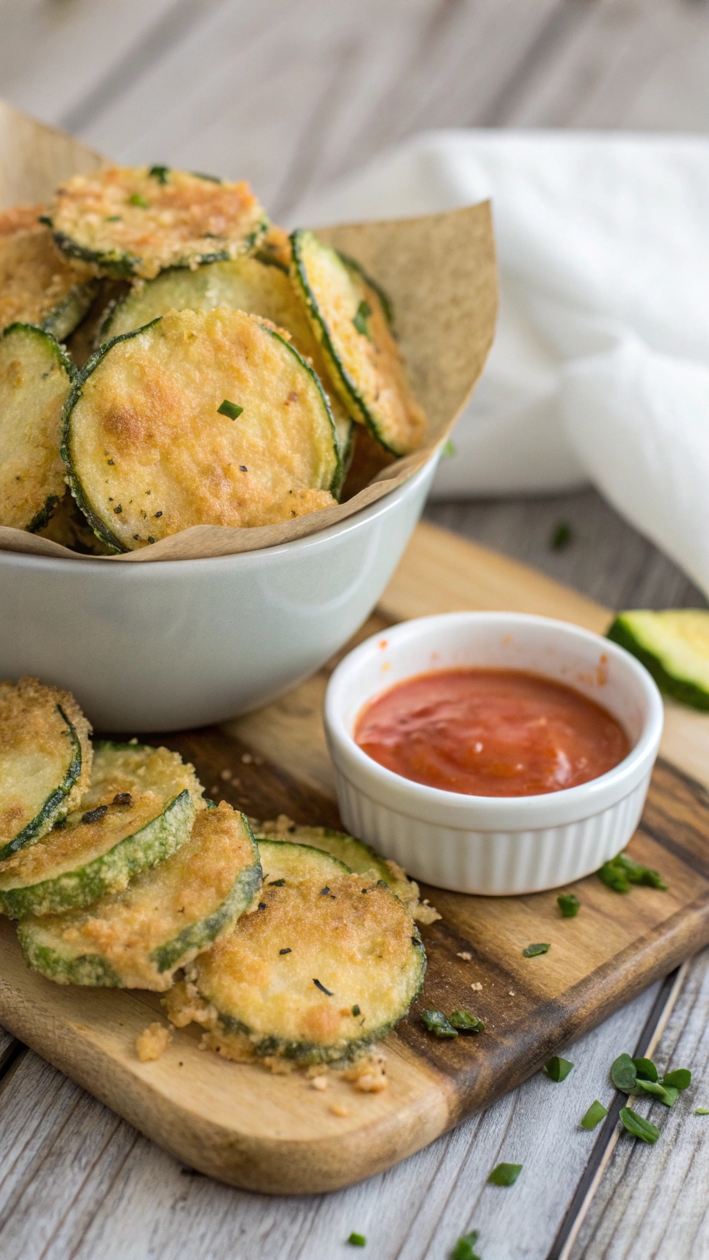 A bowl of crispy Parmesan zucchini chips served with a small dish of marinara sauce.