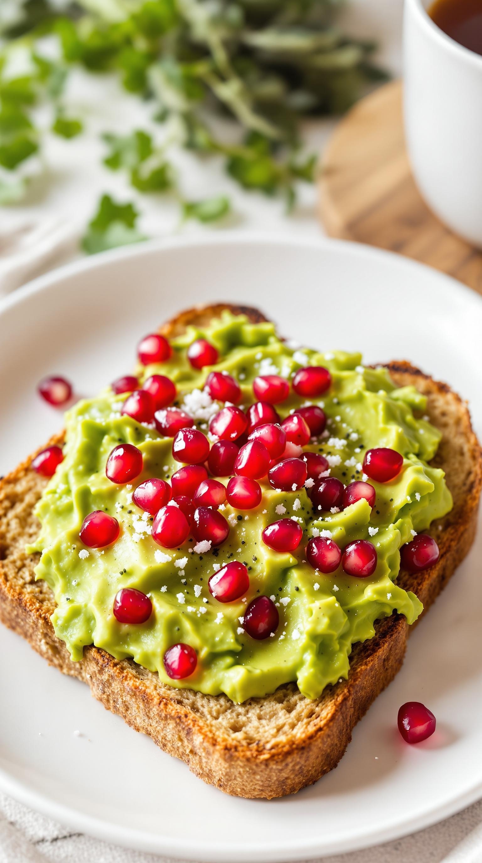 A slice of whole-grain toast topped with mashed avocado and pomegranate seeds.
