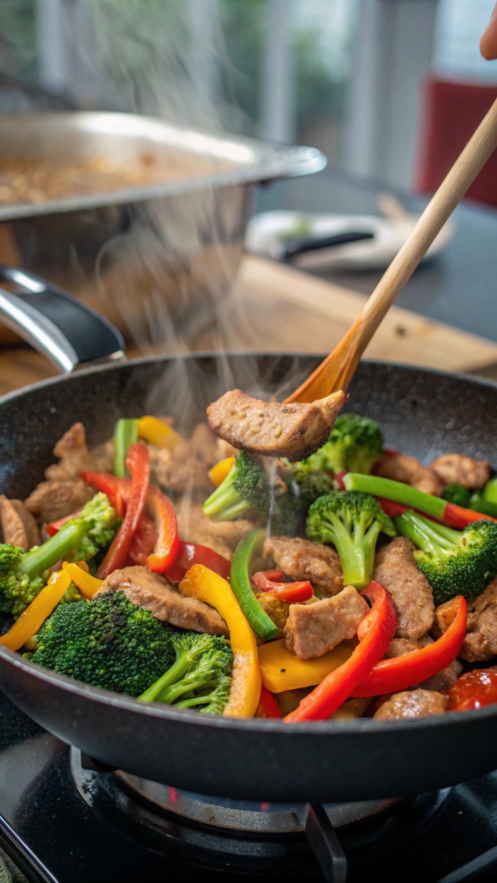 A colorful stir-fry with pork chops, broccoli, and bell peppers in a skillet.