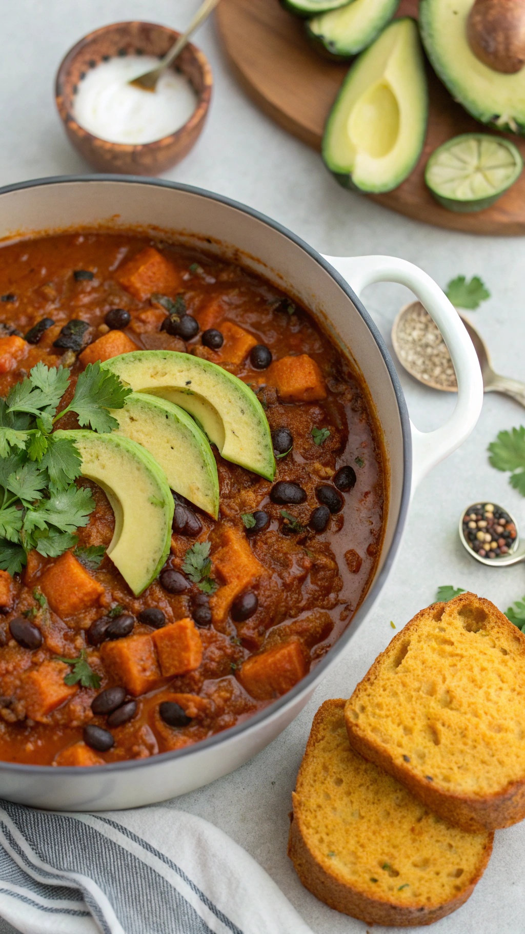 A bowl of pumpkin and black bean chili topped with avocado slices and cilantro, with slices of bread on the side.