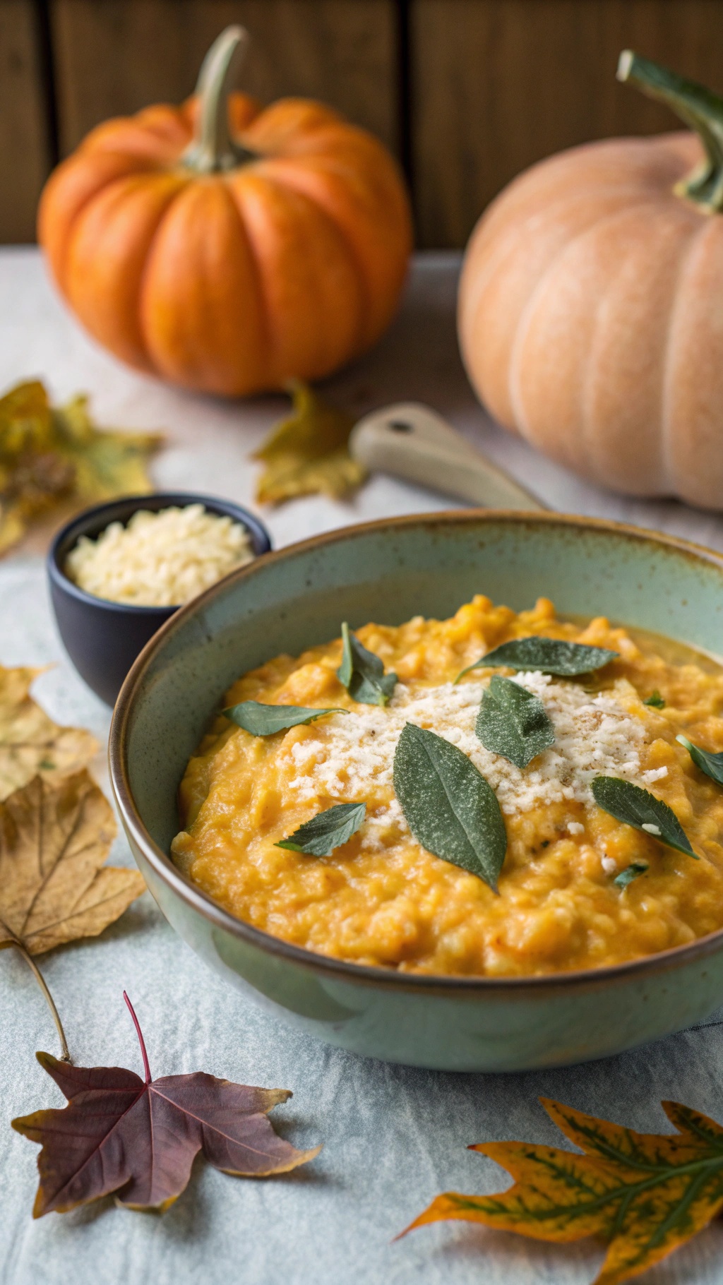 A bowl of creamy pumpkin risotto garnished with sage leaves, surrounded by autumn leaves and pumpkins.