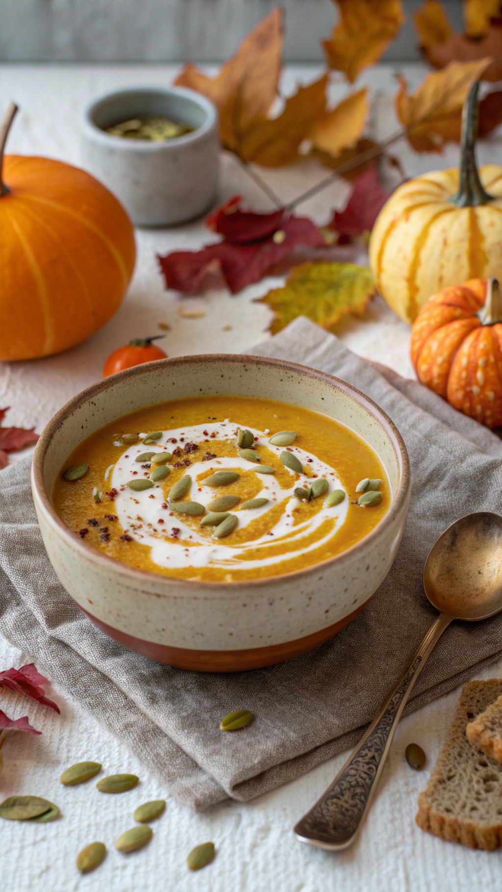 A bowl of creamy pumpkin soup garnished with pumpkin seeds and a swirl of cream, surrounded by autumn leaves and small pumpkins.