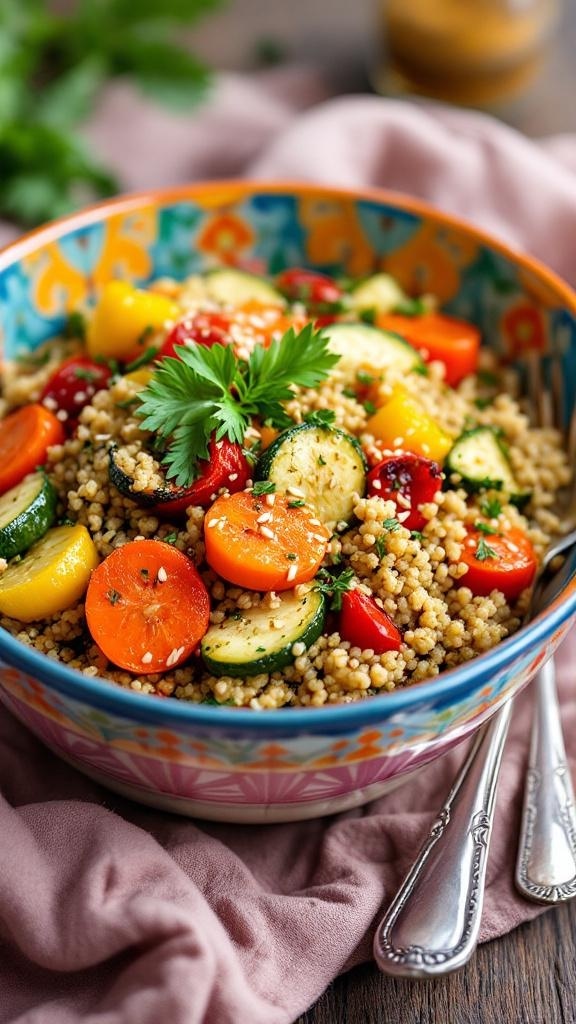 A colorful bowl of quinoa and roasted vegetables, garnished with fresh herbs.