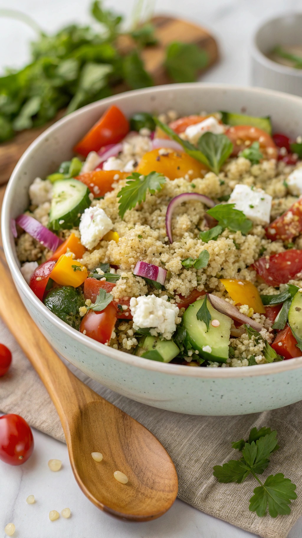 A colorful quinoa salad with vegetables and feta cheese in a bowl