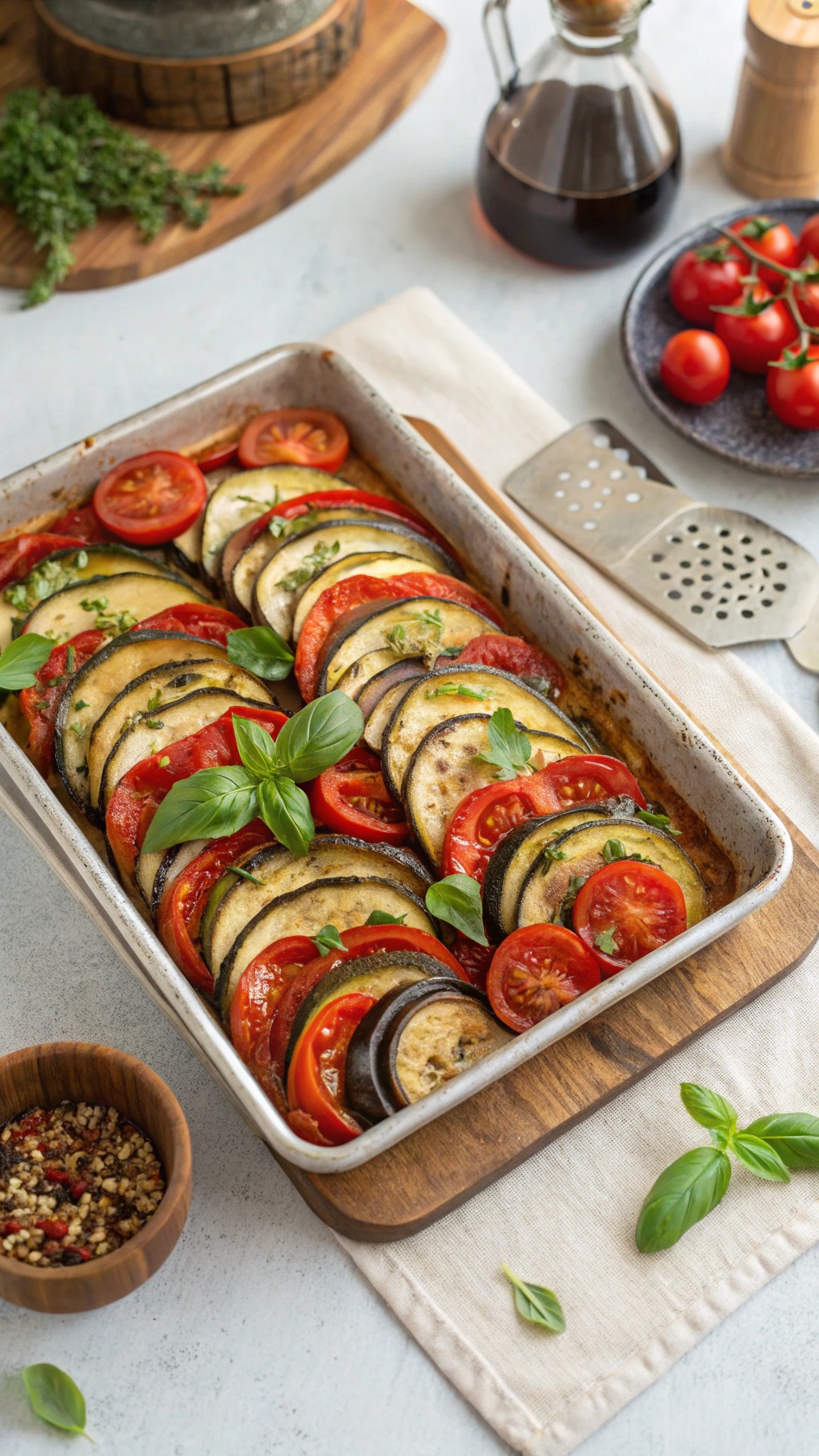 A beautifully arranged dish of ratatouille with layers of eggplant, zucchini, and tomatoes, garnished with fresh basil.