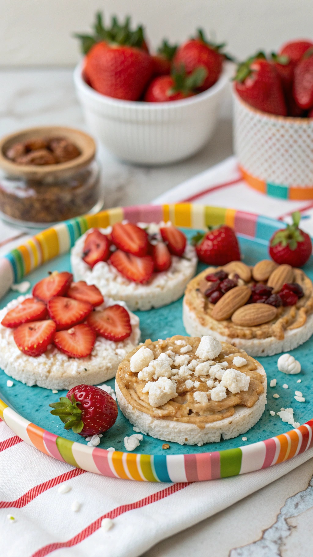 A colorful plate of rice cakes topped with strawberries, cottage cheese, peanut butter, almonds, and cranberries.