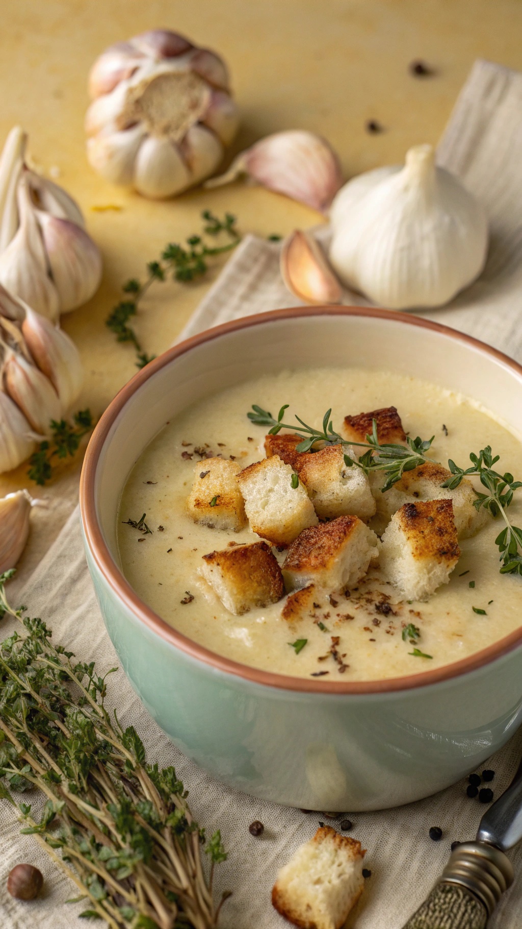 A bowl of creamy roasted garlic detox soup topped with croutons and fresh herbs, surrounded by garlic cloves and herbs.