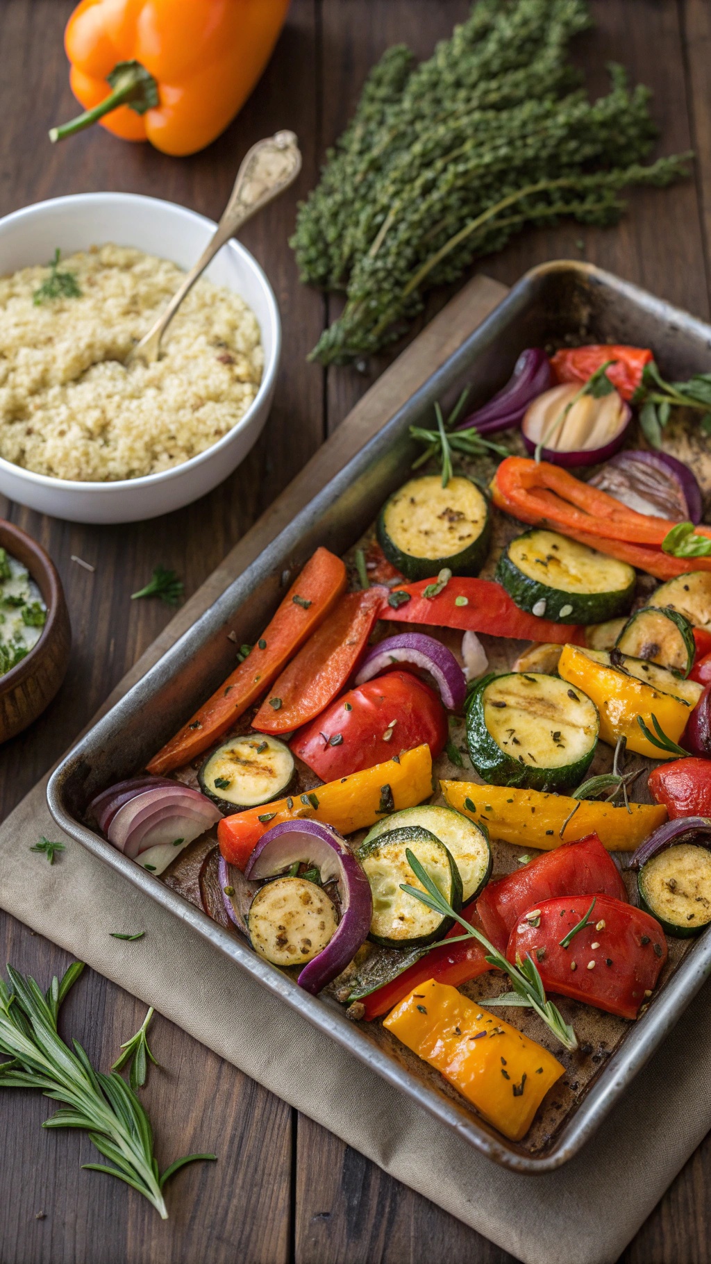 A colorful medley of roasted vegetables including bell peppers, zucchini, and red onions, served with couscous.
