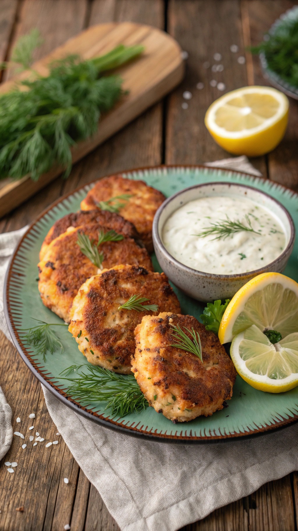Savory salmon cakes served with dill sauce and lemon wedges on a green plate.