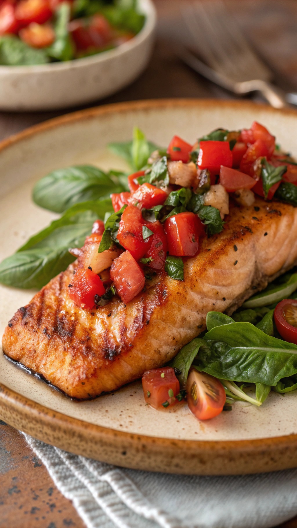A plate of grilled salmon topped with tomato basil salsa, served on a bed of spinach.