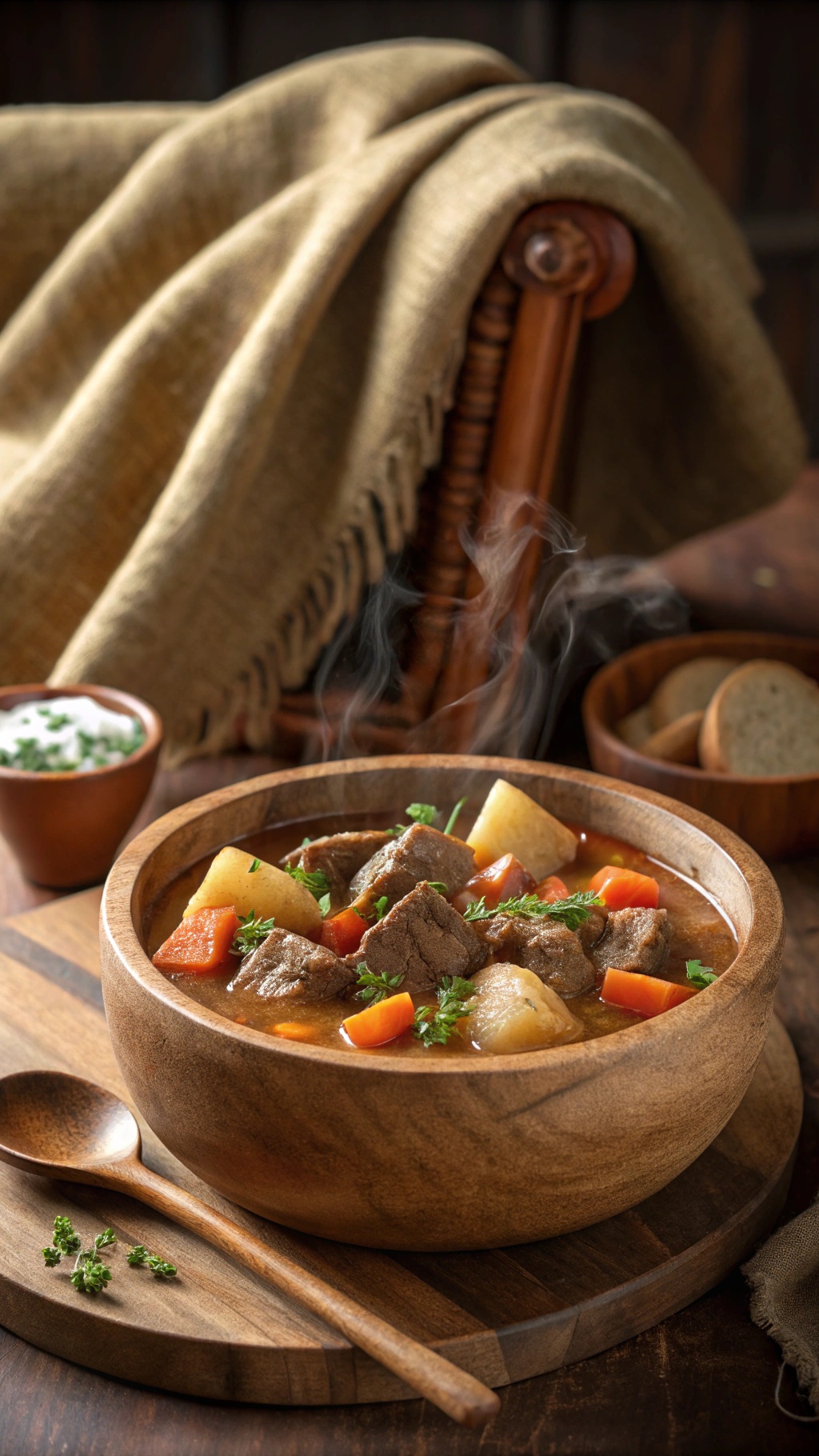A wooden bowl of beef stew with carrots and potatoes, surrounded by a cozy setting.