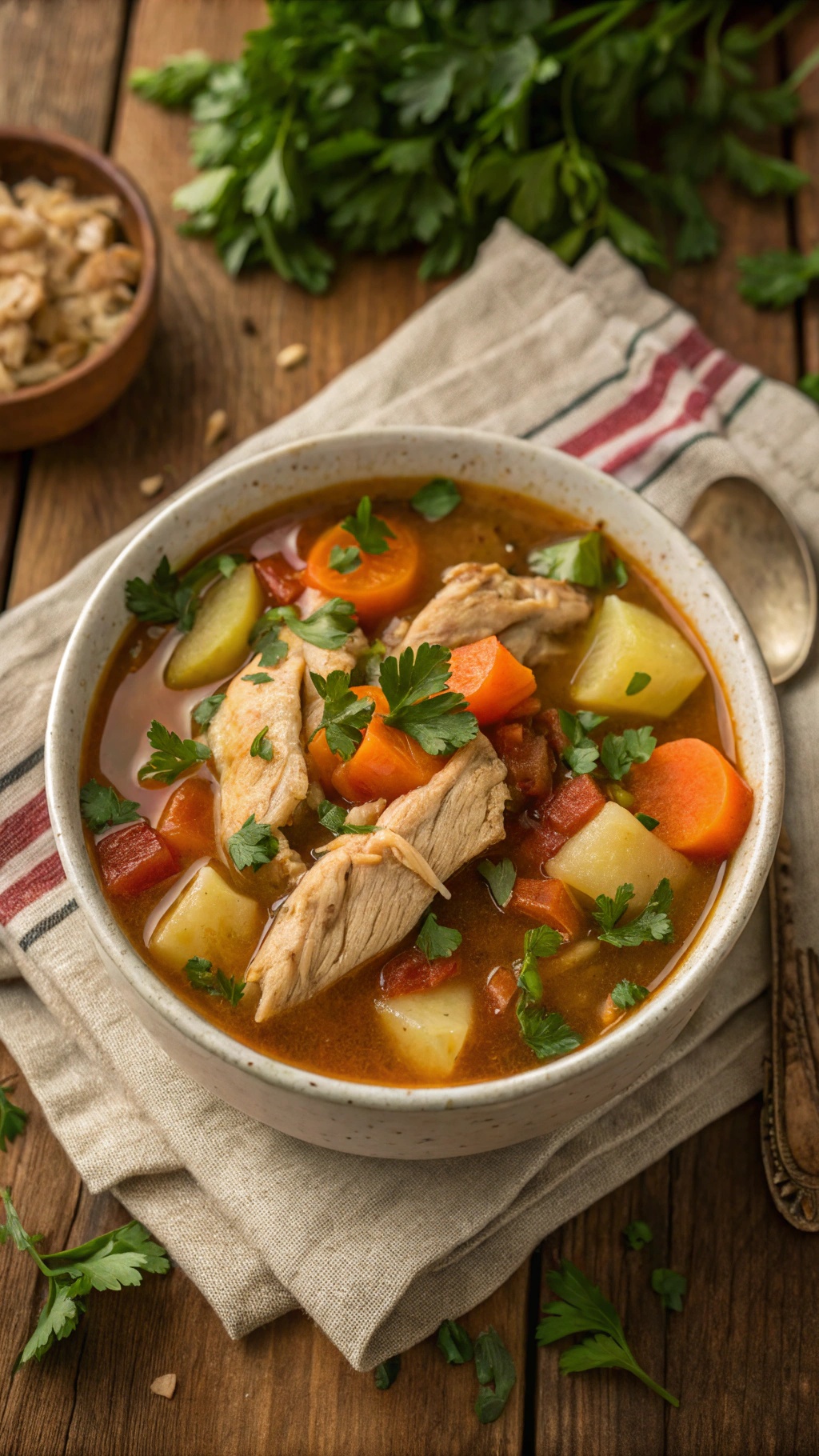A bowl of hearty chicken stew with vegetables and herbs