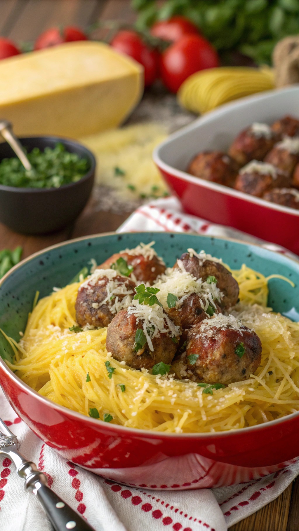 A bowl of spaghetti squash topped with turkey meatballs, garnished with parsley and cheese.