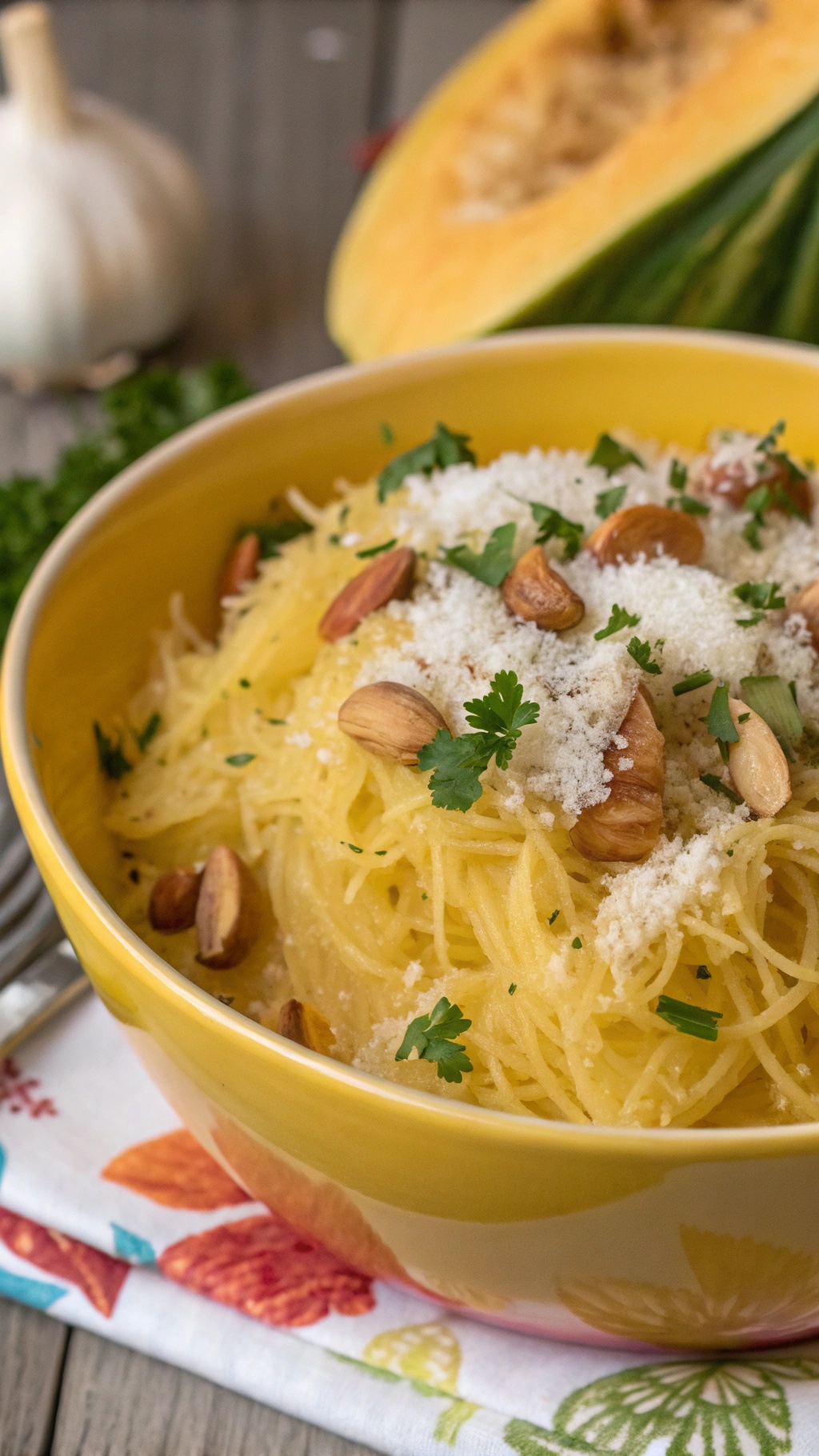 A bowl of spaghetti squash topped with garlic, Parmesan, and almonds, with a garlic bulb and half a spaghetti squash in the background.