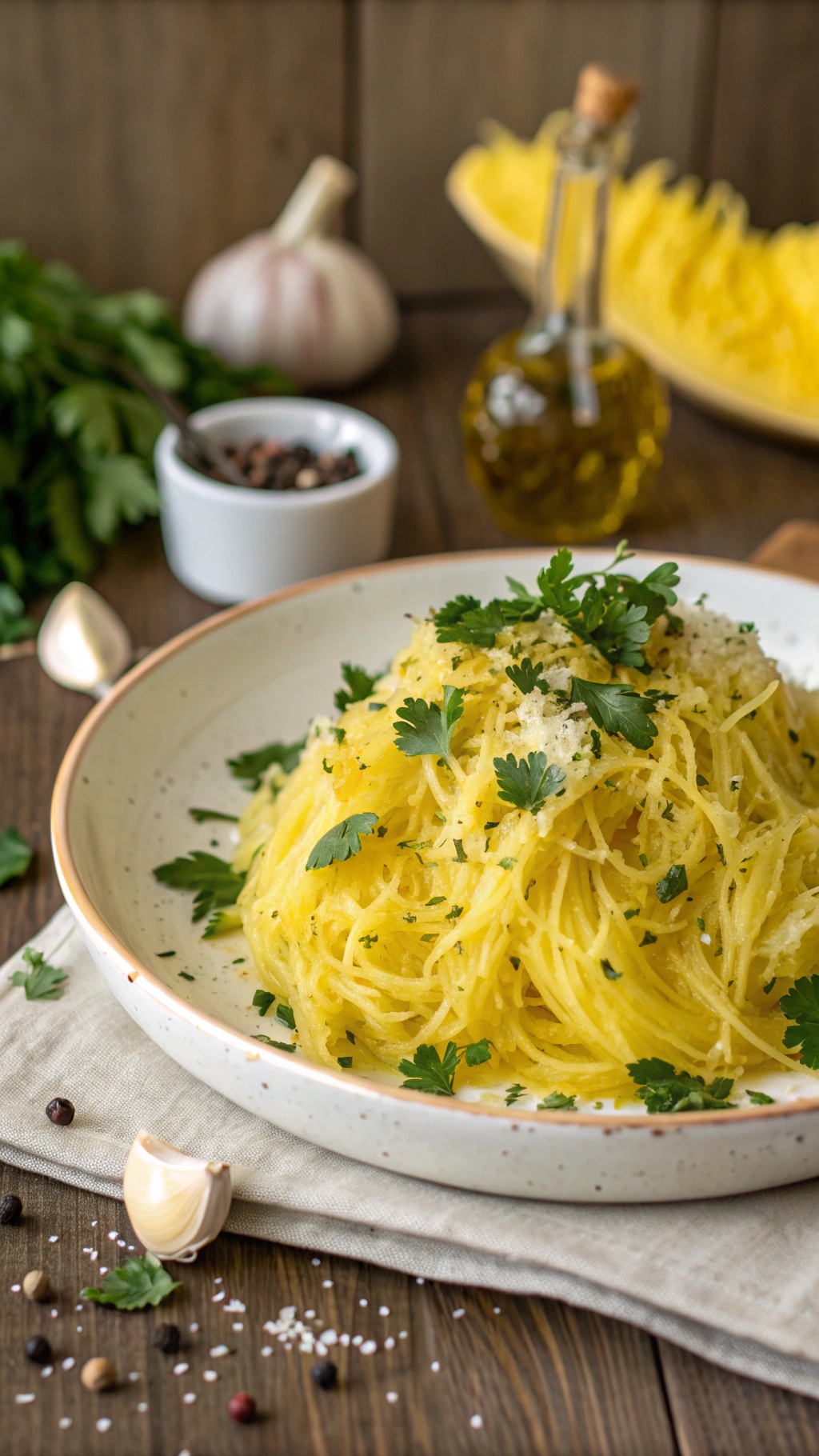 A plate of spaghetti squash with garlic butter, garnished with parsley.