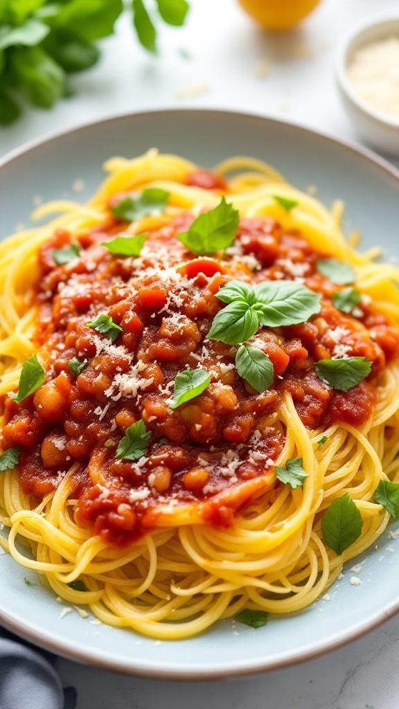 A plate of spaghetti squash topped with marinara sauce and garnished with fresh basil.