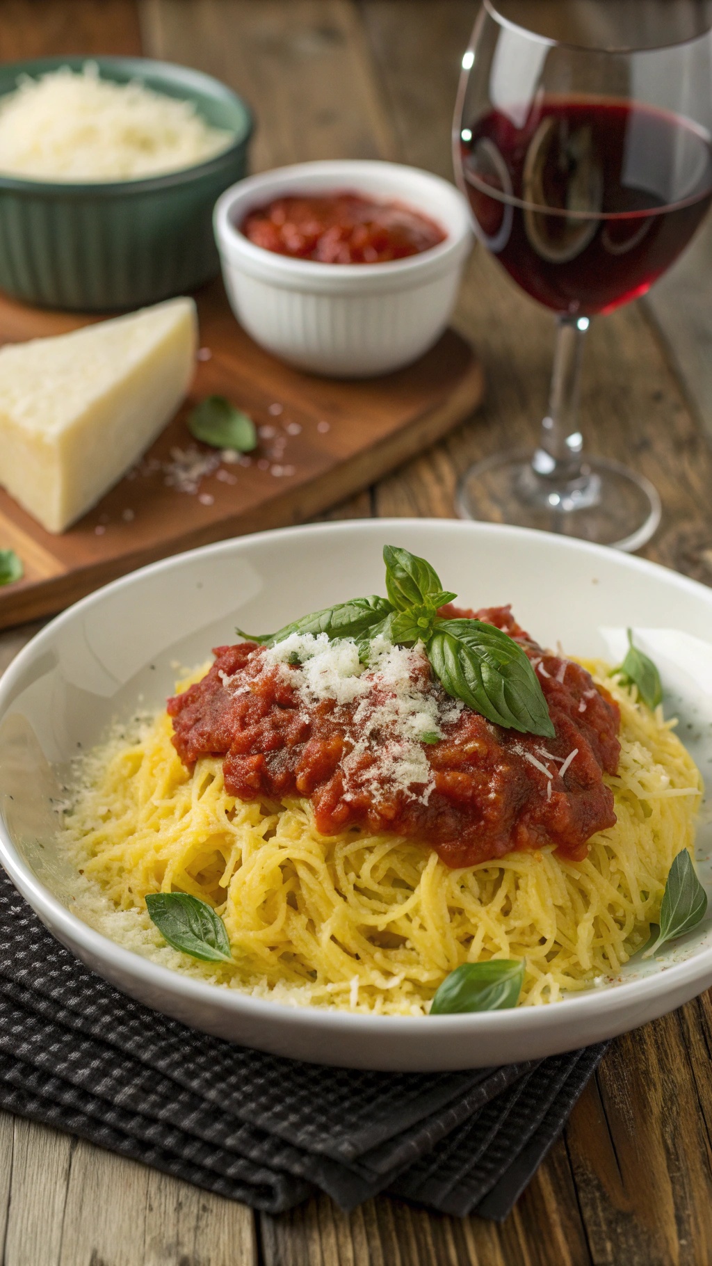 A bowl of spaghetti squash topped with marinara sauce, Parmesan cheese, and fresh basil, with a glass of red wine in the background.