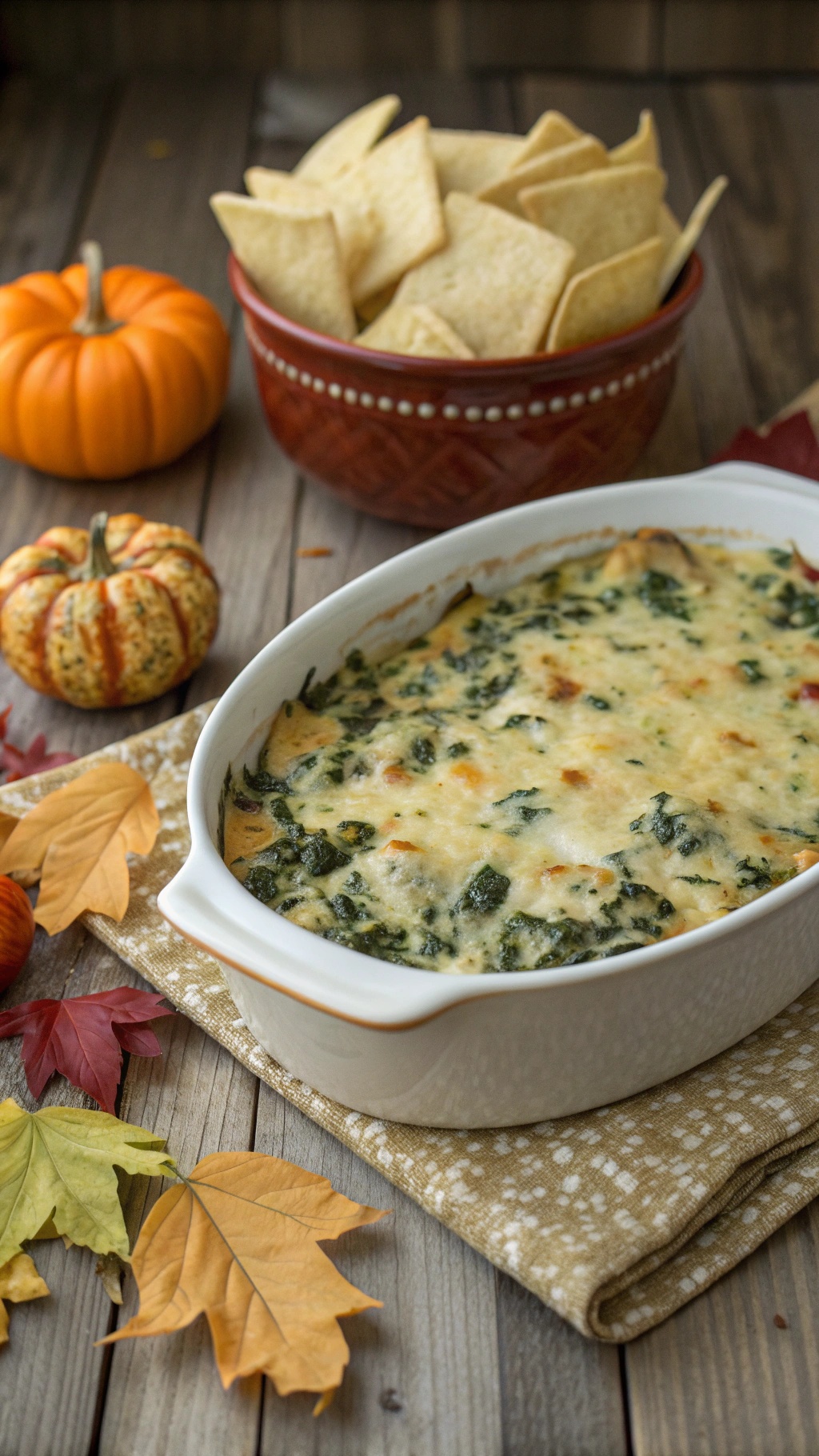 Baked spinach and artichoke dip with tortilla chips and fall decorations.