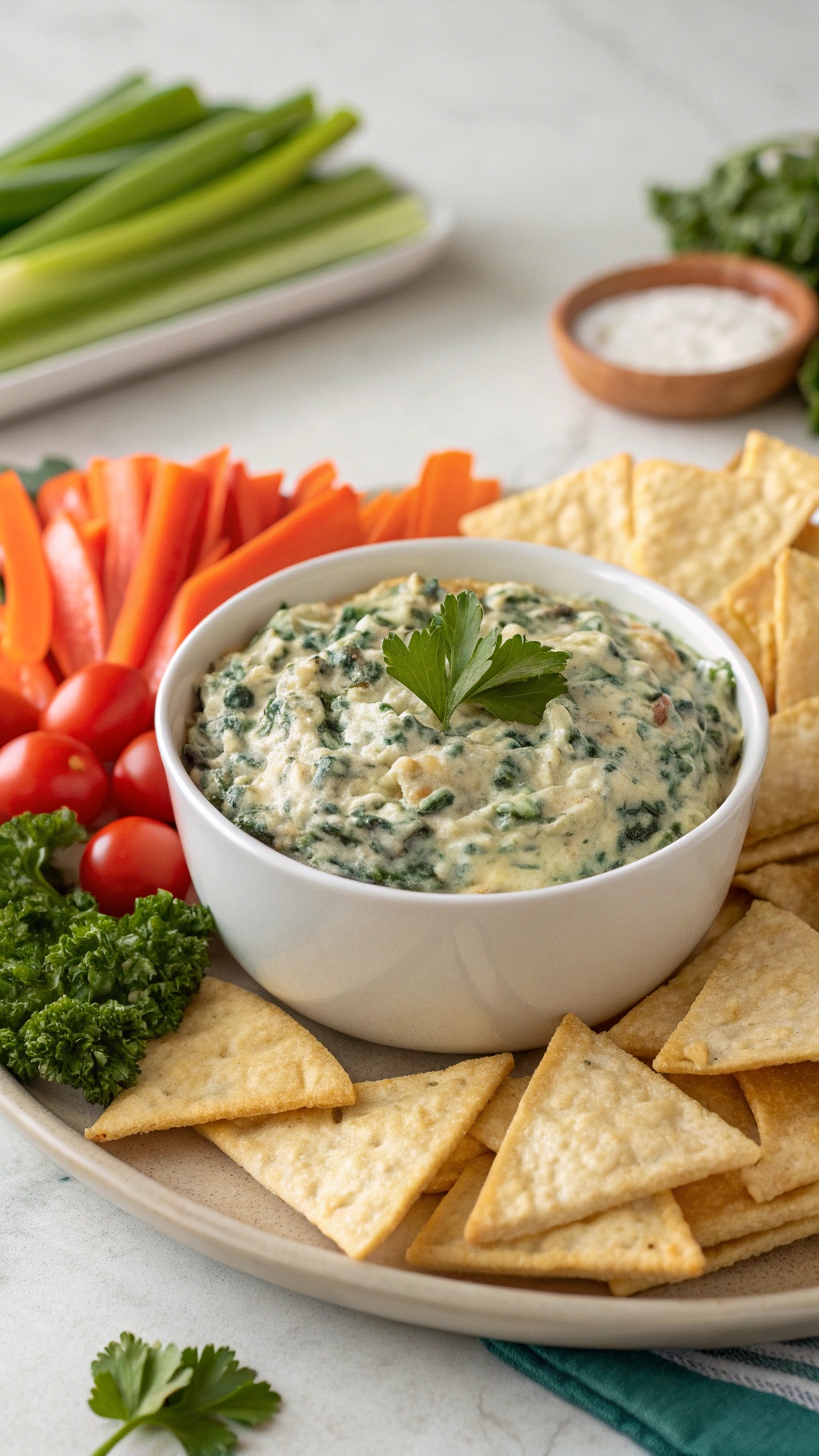 A bowl of cold spinach and artichoke dip surrounded by tortilla chips and fresh vegetables.