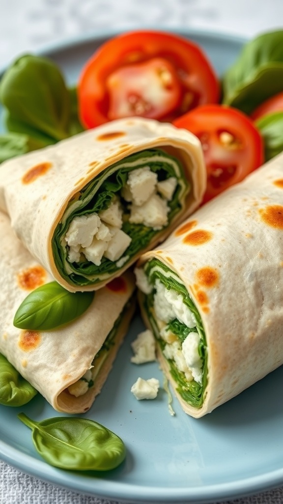 Savory spinach and feta breakfast wraps with fresh tomato slices
