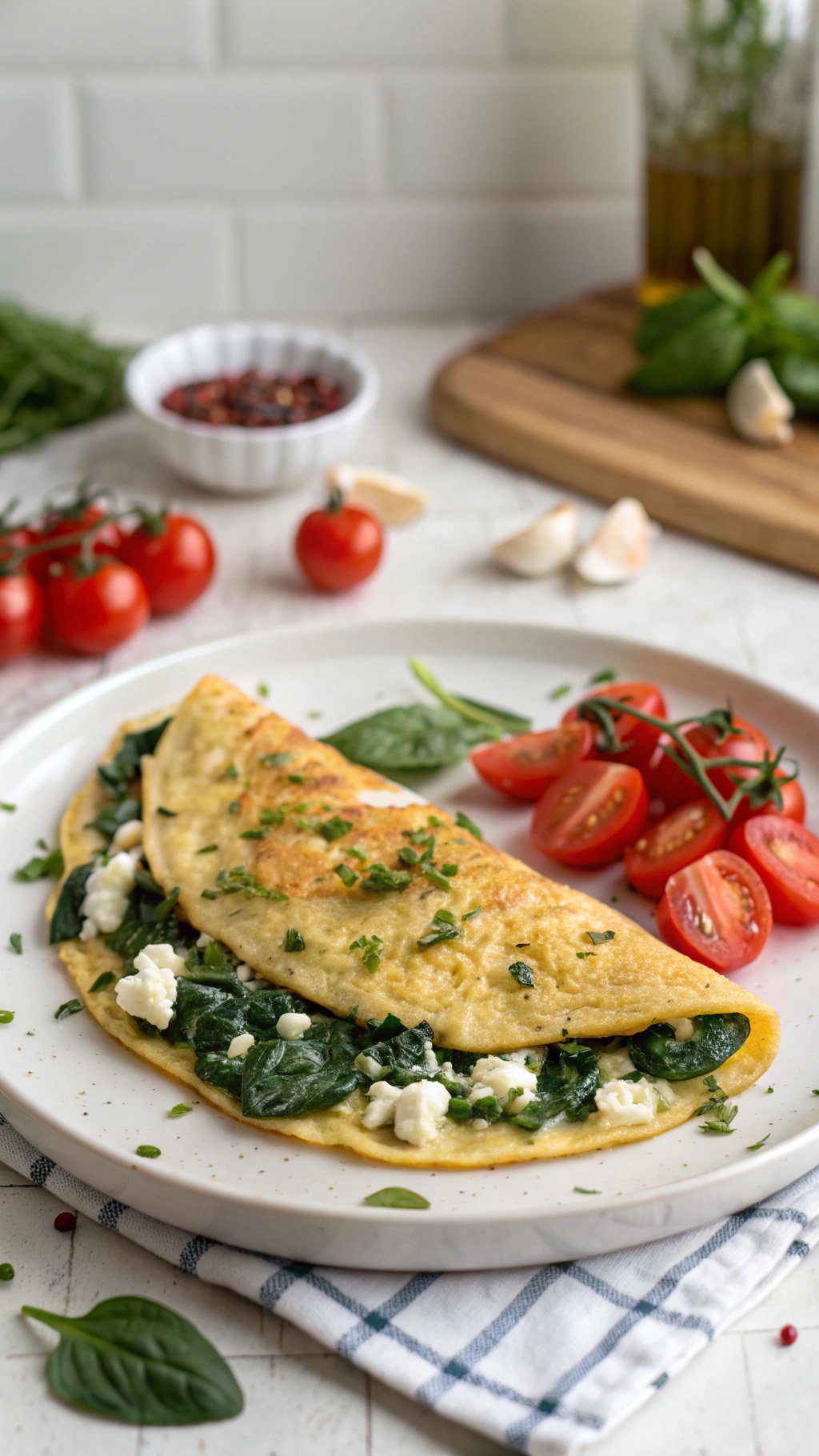 Savory spinach and feta omelette served with cherry tomatoes.