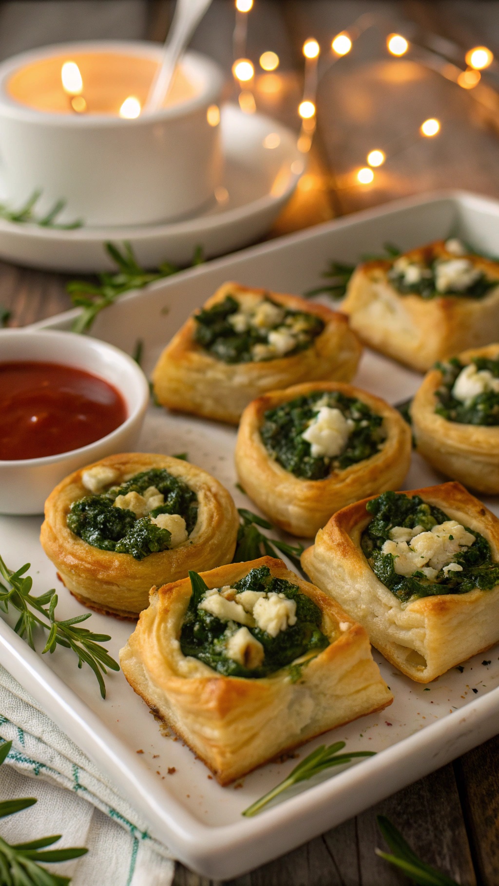 Savory spinach and feta puff pastry bites on a platter with marinara sauce