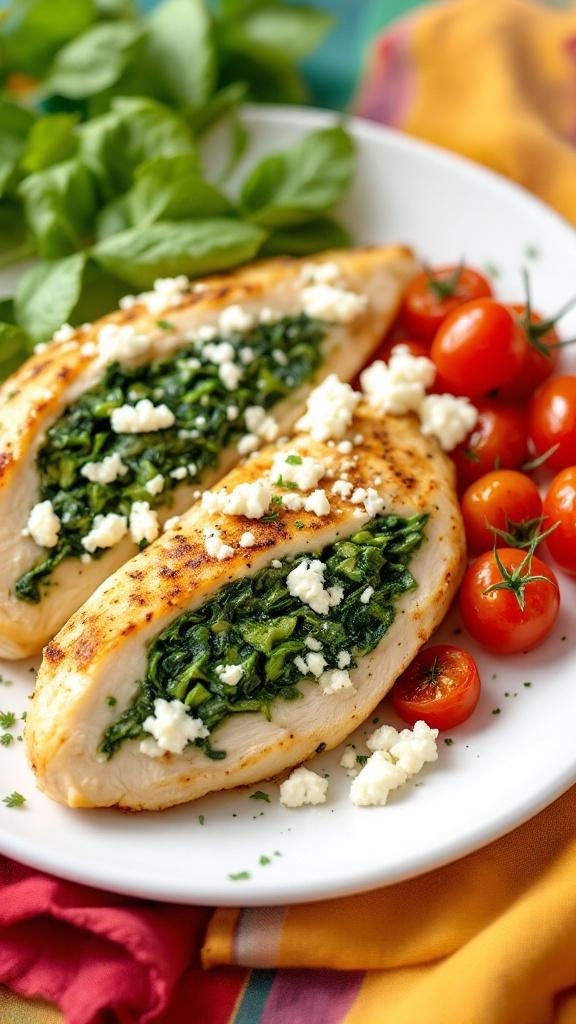 Stuffed chicken breasts with spinach and feta on a plate with cherry tomatoes.