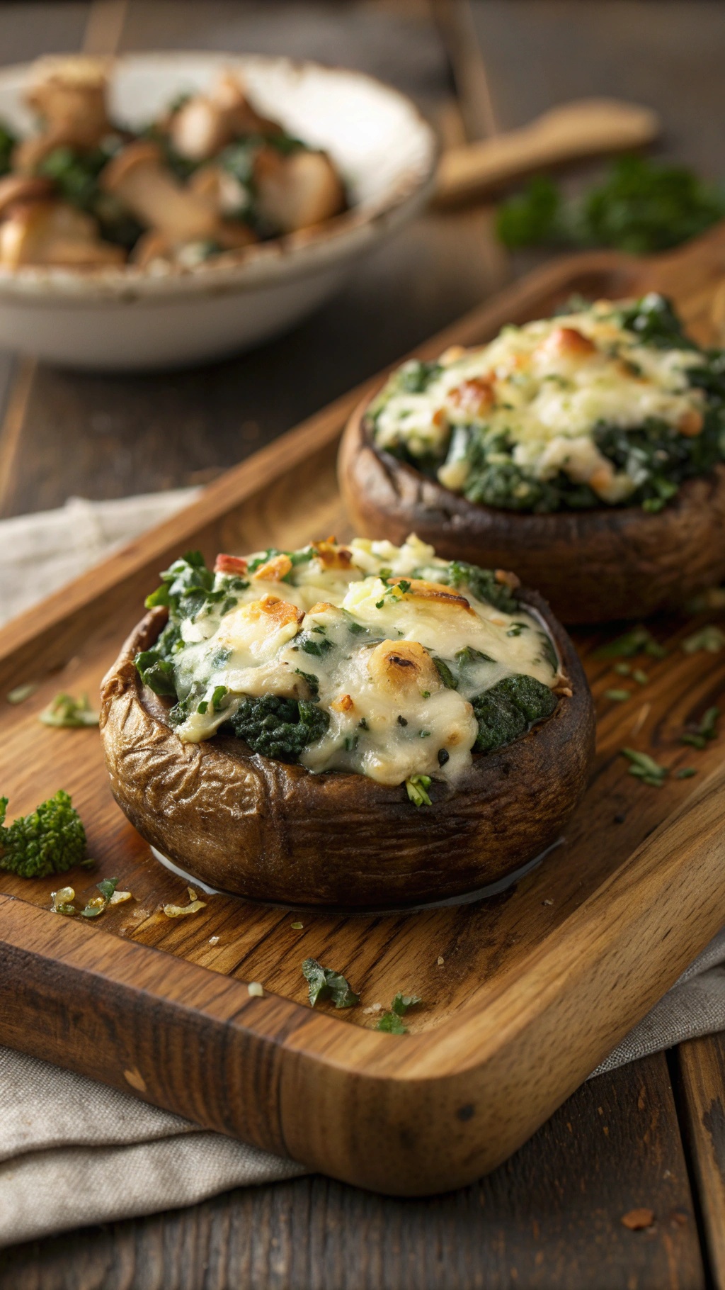 Stuffed portobello mushrooms filled with spinach and feta cheese on a wooden serving board.