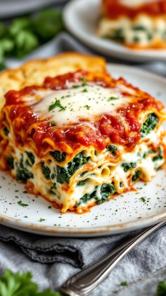 A delicious serving of spinach and ricotta lasagna with layers of cheese and tomato sauce.