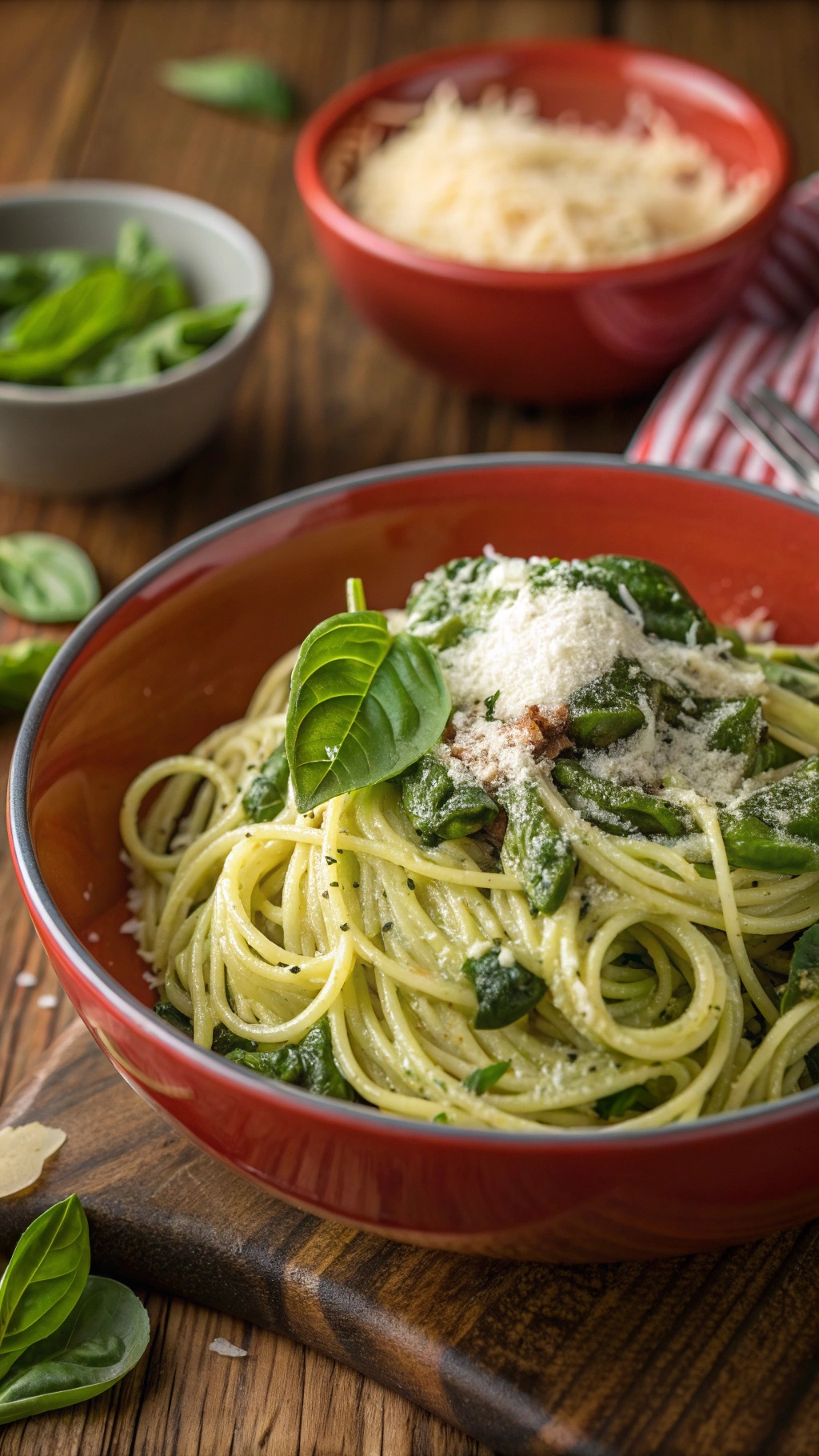 A bowl of spinach and ricotta spaghetti topped with fresh spinach and cheese.