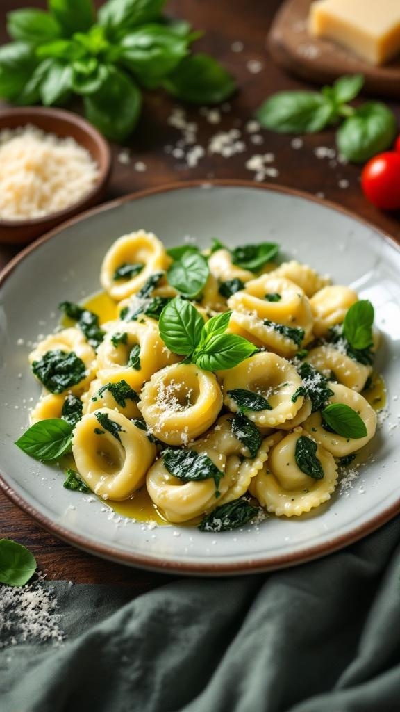 A plate of spinach and ricotta tortellini garnished with fresh basil and Parmesan cheese.