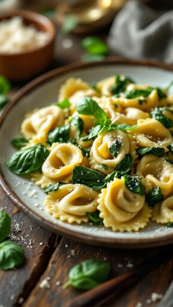 A plate of spinach and ricotta tortellini garnished with fresh basil.