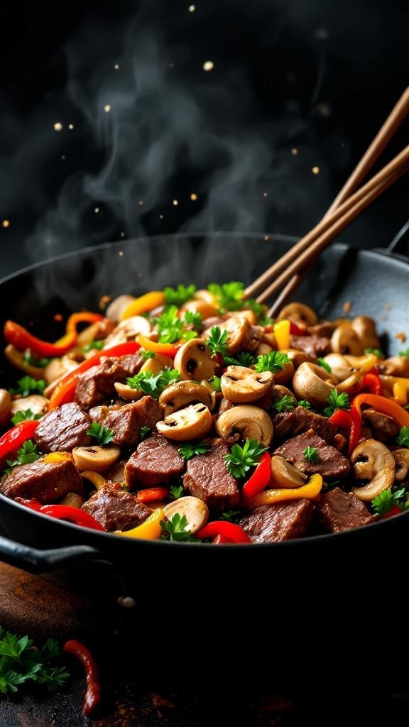A colorful steak and mushroom stir-fry in a wok with steam rising, showcasing vibrant vegetables and tender beef.