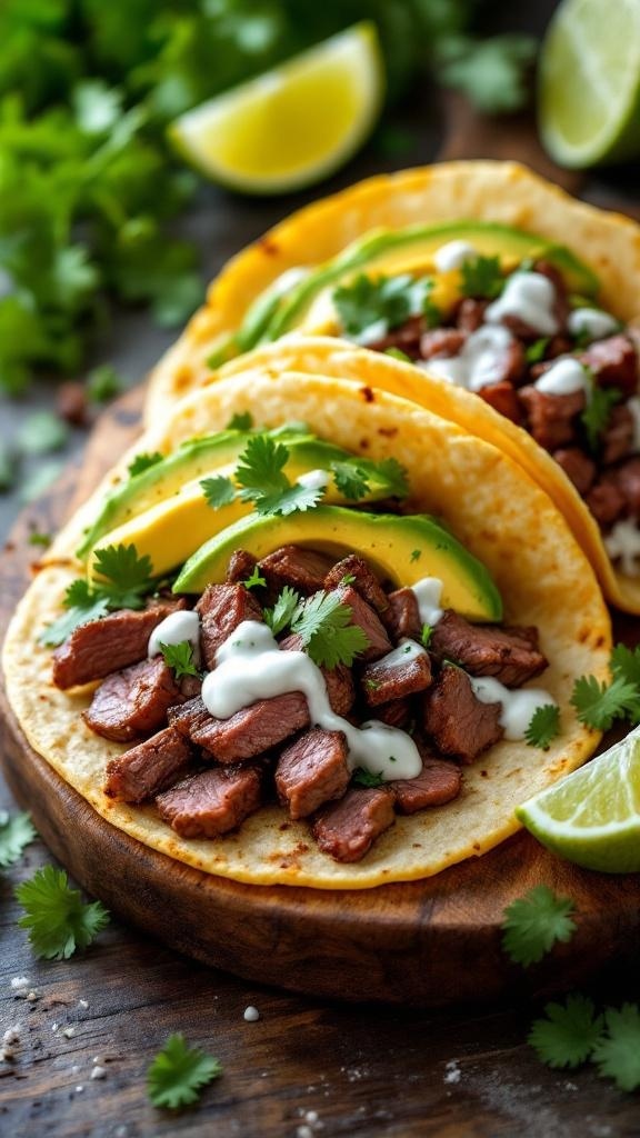 Delicious steak tacos with avocado and lime, garnished with cilantro.